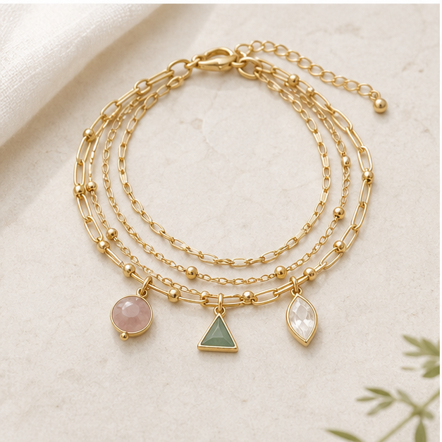 Layered gold charm bracelet photographed on a stone display surface