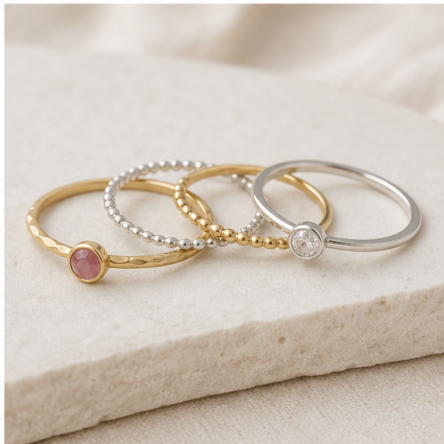 Mixed gold and silver stacking ring set photographed on stone and linen